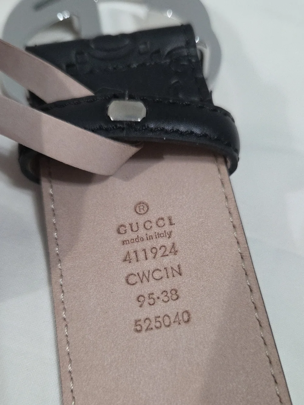 Gucci Black Leather Monogram Belt Silver Double GG Buckle 95cm
